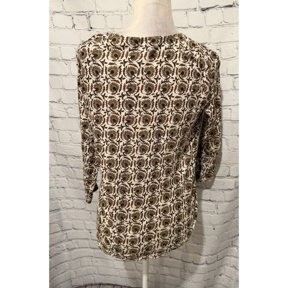 Lucky Brand Shirt Top Small Women’s Brown Ivory Print Blouse Pleated V-Neck - Picture 4 of 7